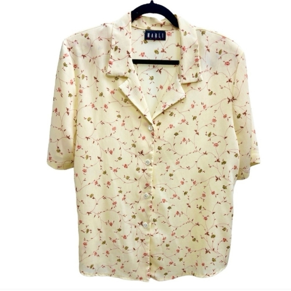 Vintage Marli yellow floral crinkly boxy short sleeve blouse